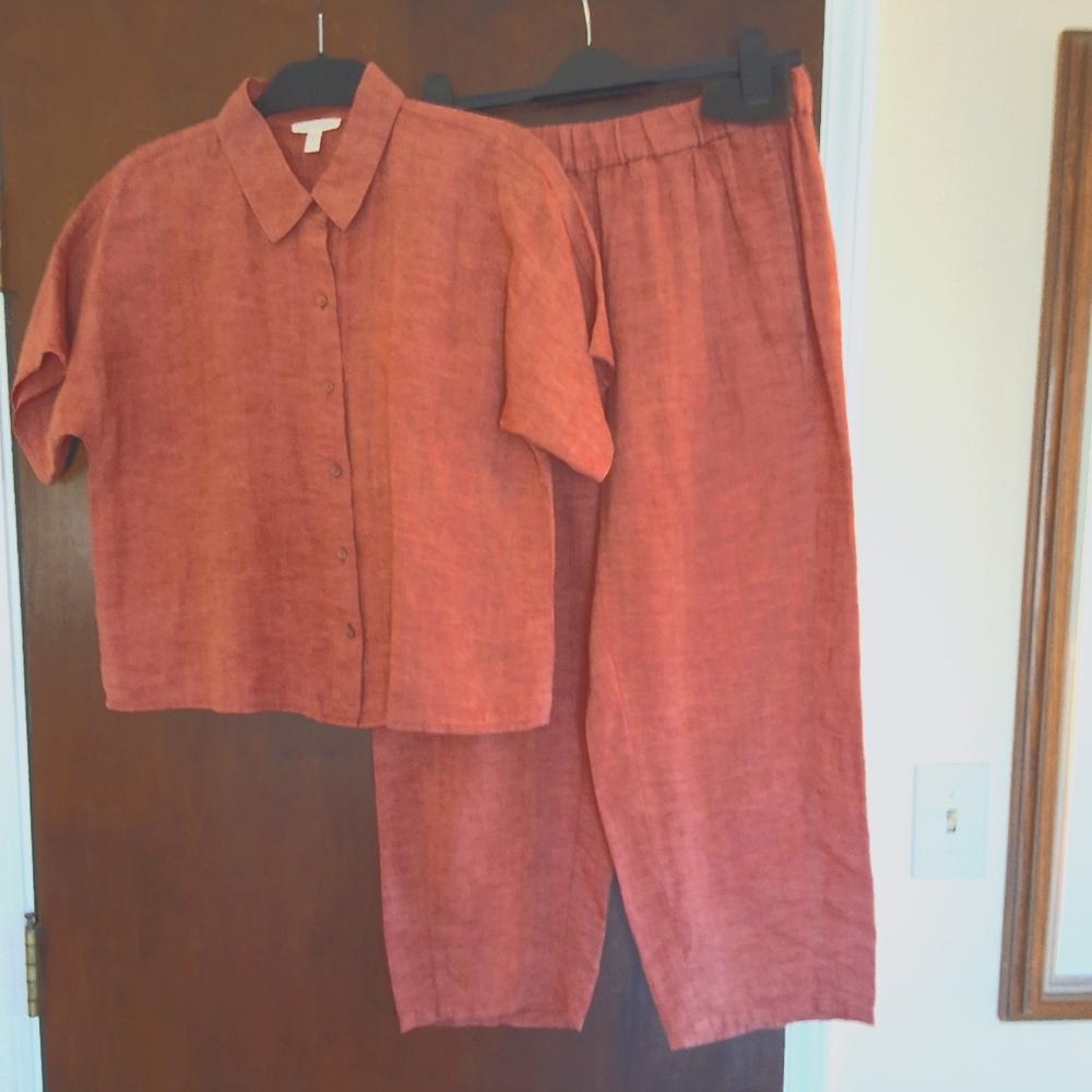 Eileen Fisher Rust, 100% Organic Linen BoxyTop and lantern Pant Set